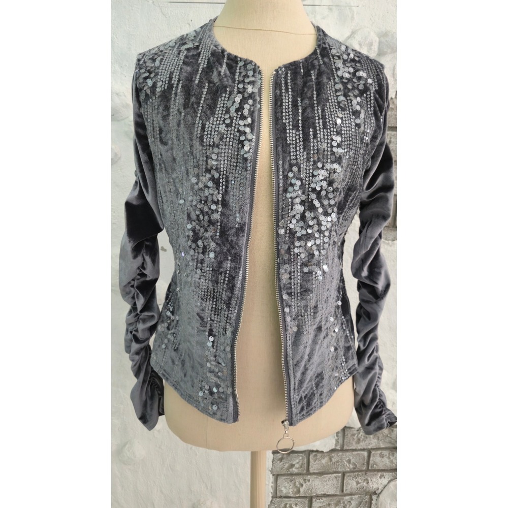ChicMe Gray Velvet Sequin Ruched Sleeve Zip Front Jacket Size L